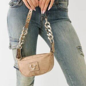 TRUE RELIGION Mini Shoulder Bag with Gold Chain Strap, Camel NWT
